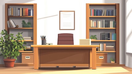 Sunlit office with desk, bookshelves, and plant.