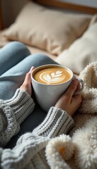 Cozy morning scene with a warm coffee cup held in hands, perfect for relaxation.