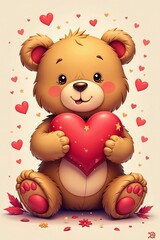 Cute bear holding a heart surrounded by colorful hearts in a playful setting.