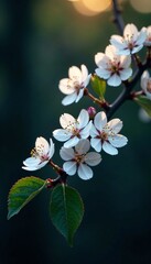 Delicate white cherry blossoms bloom in soft light, symbolizing beauty and renewal.