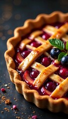 Delicious berry pie with a golden crust and fresh mint on a dark surface.