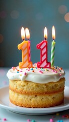 Delicious birthday cake with candles and colorful sprinkles, perfect for celebrations.