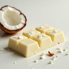 Delicious coconut chocolate bar with fresh coconut pieces and a whole coconut shell.