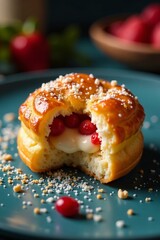Delicious cream-filled pastry topped with fresh berries and a sprinkle of sugar.
