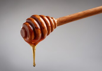 Close-up of honey dipper dripping golden honey against a neutral background.