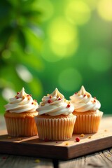 Delicious cupcakes with creamy frosting on a wooden table in a vibrant garden setting.