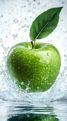 Green Apple with Water Splash and Leaf