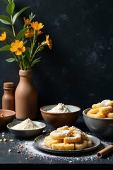 Delicious desserts with fresh ingredients and vibrant flowers on a dark background.