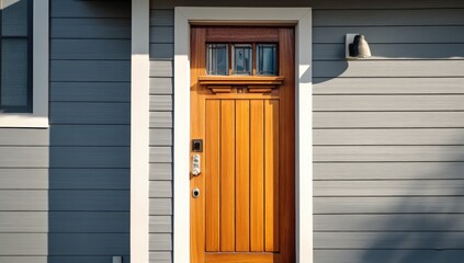 Fototapeta premium A modern wooden front door with sleek design.