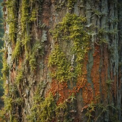 Obraz premium Ancient moss-covered tree trunk, weathered bark, lichen , aged, botanical