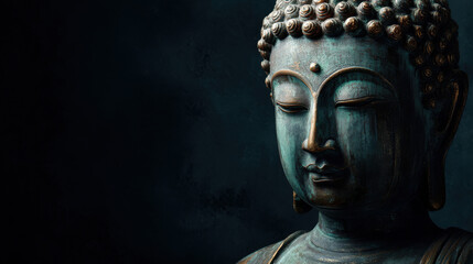 The serene, weathered Buddha statue exudes a sense of inner peace and enlightenment, radiating tranquility against a dark, contemplative background for meditation.