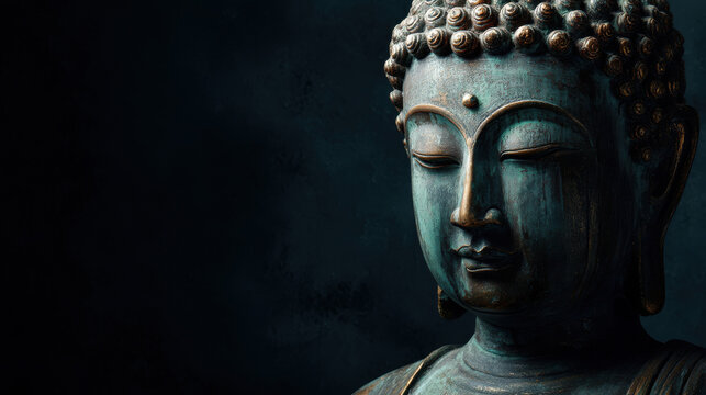 The serene, weathered Buddha statue exudes a sense of inner peace and enlightenment, radiating tranquility against a dark, contemplative background for meditation. - Powered by Adobe