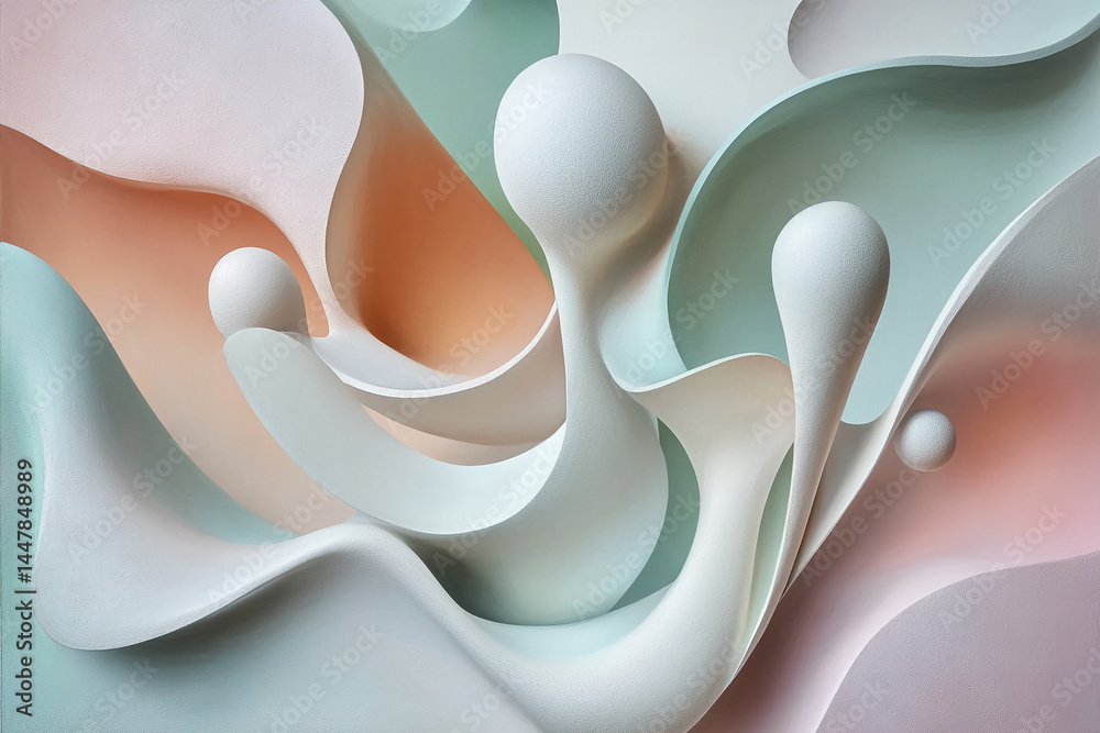 Poster Abstract pastel-colored 3D shapes, flowing design, creating a smooth texture, showcasing a modern and elegant aesthetic, suitable for various design projects