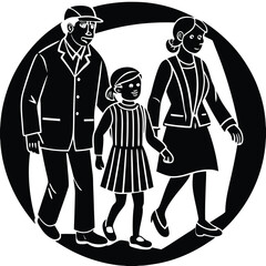 Family Walking Together A Black and White Illustration