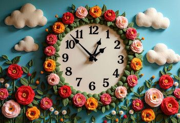 Fantasy-Inspired Giant Clock Made from Wool Felt, Decorated with Real Photos, Surreal Floral Elements, and Soft Cloud Forms in a Whimsical Design
