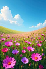 Fototapeta premium A vibrant floral carpet of pink and purple wildflowers stretches to a clear blue sky , delicate, landscape