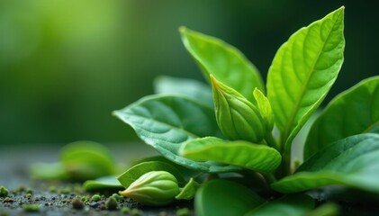 Delicate, emerald green tea buds and leaves unfurl , tea buds, foliage, farm
