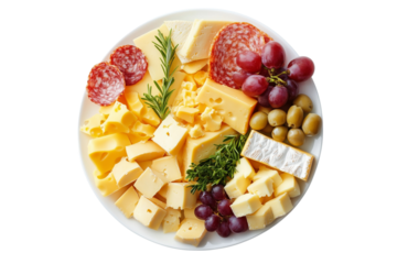 Colorful fruit and cheese platter on a transparent background