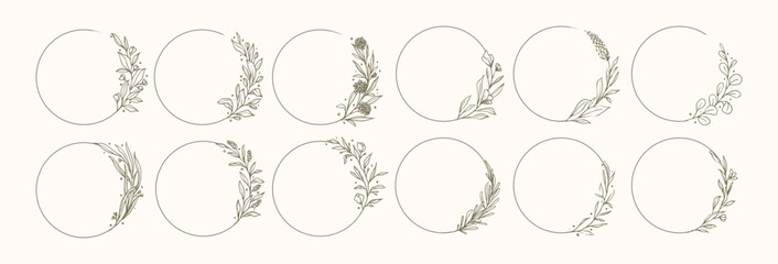Set of Greenery Floral Wreath, Rounded Botanical Flower Frames and Floral Logo for Wedding and save the date nature wild flowers in vector