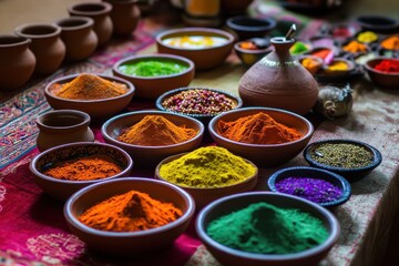 Vibrant bowls of spices and seeds arranged on ornate table, creating rich texture and visual appeal