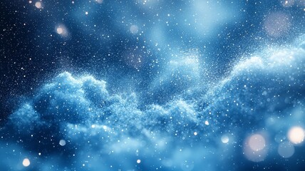 Obraz premium Dreamy blue cosmic clouds illuminated by shimmering particles, creating a serene and mystical atmosphere perfect for fantasy and science themes.