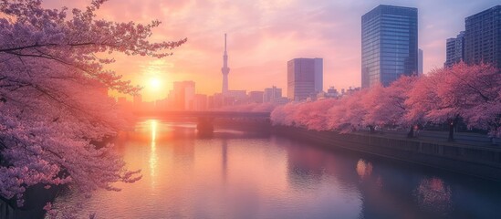 Sunrise Cherry Blossoms Cityscape River