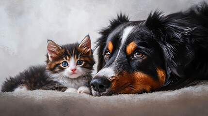 Obraz premium Adorable Kitten and Bernese Mountain Dog Friendship