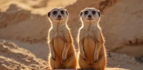 Alert meerkat standing in its enclosure, sunlit , sun, mammalian