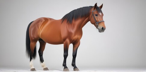 Obraz premium A magnificent bay horse stands alone against a stark white background , equestrian, mane, bay horse