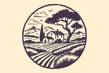 Provence landscape in circle, hand drawn sketch vector style