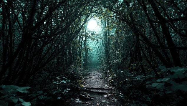 Misty forest path surrounded by dense, lush green foliage, leading towards a luminous opening.