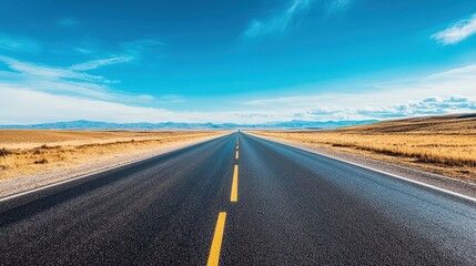 Naklejka premium A road tour on an empty highway stretching endlessly into the horizon, under a bright blue sky.