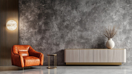 Leather armchair, side table, and cabinet against textured wall showcase modern interior design, conveying sophistication and relaxation