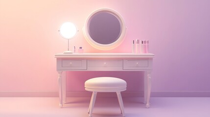 White vanity table with mirror, light, and makeup.