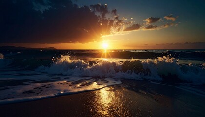 Olas rompiendo contra la orilla, reflejando el resplandor del atardecer.