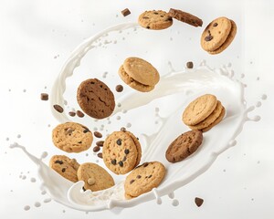 Cookies floating in spiral, splashes of milk,