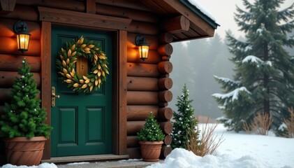 Cozy cabin entrance, dark green & gold leaf wreath , decoration, gold