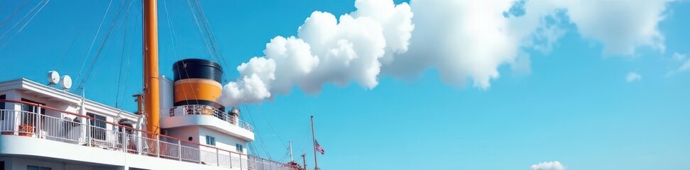 Close-up steamboat whistle, billowing white steam against vibrant blue sky , sound, transport, old