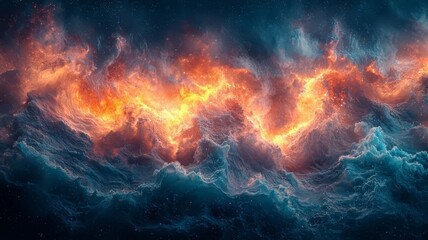 Fototapeta premium Vibrant cosmic clouds illuminated by fiery orange and blue hues, creating a dramatic celestial scene perfect for fantasy and sci-fi themes.