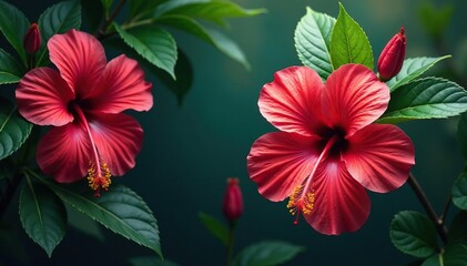 Bold hibiscus blooms, vibrant tropical leaves, flowers, fabric