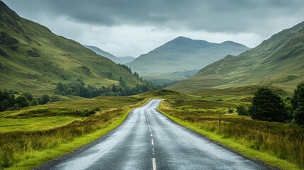 A road tour through the Scottish Highlands, rolling green hills and ancient castles in the distance.
