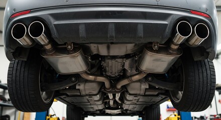 Fototapeta premium Undercarriage View of a Modern Car's Exhaust System in an Auto Repair Shop
