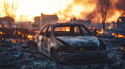 A charred car amidst a wildfire devastation