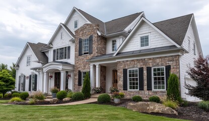 Elegant suburban house with stone and siding exterior, surrounded by lush landscaping under a cloudy sky.