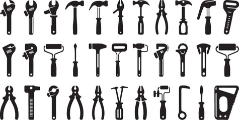 Silhouette Collection of Various Hand Tools Including Wrenches, Hammers, Pliers, and Screwdrivers, Ideal for DIY and Construction