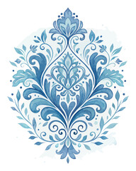 Watercolor floral damask pattern in shades of blue with swirling leaves and symmetrical arrangement