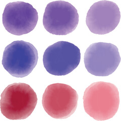 Nine Vibrant Watercolor Vector Circles in Red and Purple Hues. A harmonious display of nine circular shapes in vibrant watercolor textures with vivid red and purple gradients, arranged in a grid-like 