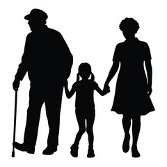Multigenerational Family Silhouette Grandparents, Child, Walking Together