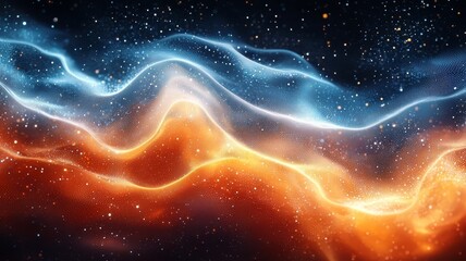 Obraz premium Vibrant cosmic waves of blue and orange light swirl against a starry backdrop, creating a mesmerizing abstract space scene perfect for digital art and design.