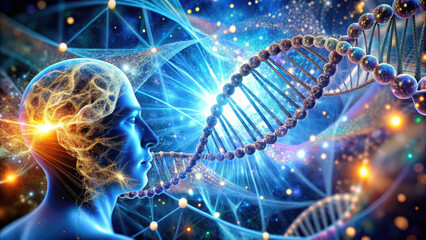 Image depicts conceptual representation of human brain intertwined with DNA strands
